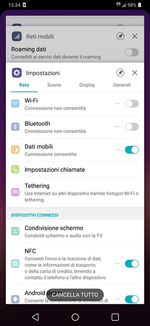 Seleziona CANCELLA TUTTO per chiudere tutte le applicazioni in esecuzione