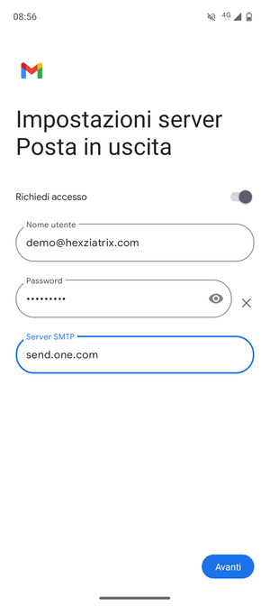 Inserisci l'indirizzo del server di posta in uscita e seleziona Avanti