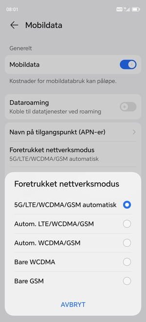 Velg ønsket alternativ