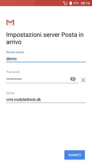 Inserisci Nome utente e l'indirizzo del server arrivo. Seleziona AVANTI