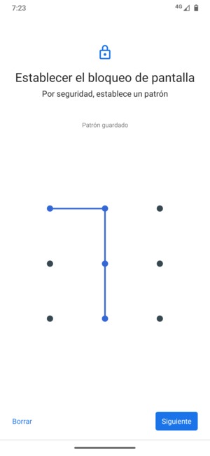 Dibuje un patrón de desbloqueo y seleccione Siguiente
