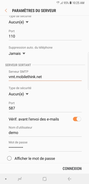 Faites défiler vers le bas et saisissez l'adresse du serveur sortant