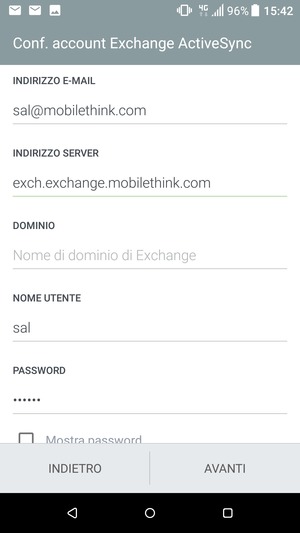Inserisci l'indirizzo del server Exchange e Nome utente. Seleziona AVANTI