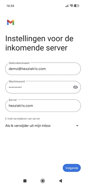Voer Gebruikersnaam en binnenkomend serveradres in. Selecteer Volgende