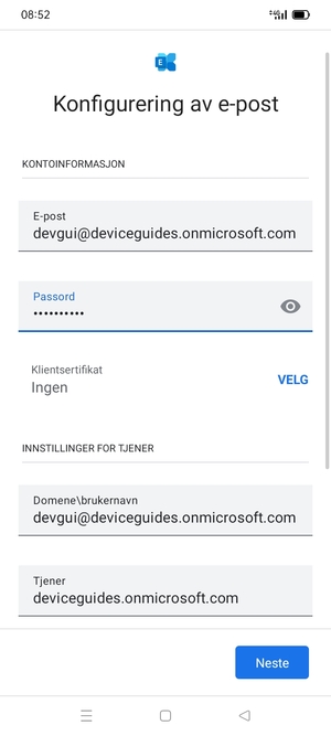 Skriv inn Brukernavn og Exchange serveradresse. Velg Neste