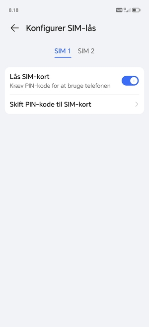 Vælg SIM 1 eller SIM 2 og vælg Skift PIN-kode til SIM-kort