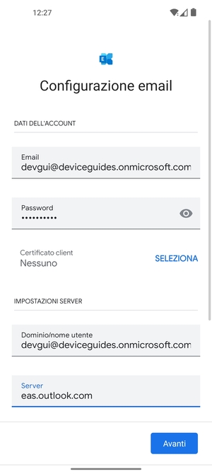 Inserisci Nome utente e l'indirizzo del server Exchange. Seleziona Avanti