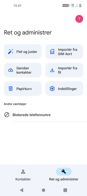 Vælg Importér fra SIM-kort