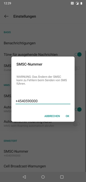 Geben Sie die SMSC-Nummer ein und wählen Sie OK