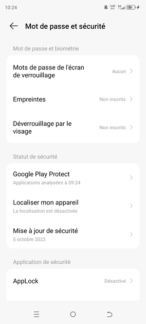 Sélectionnez Mots de passe de l'écran de verrouillage