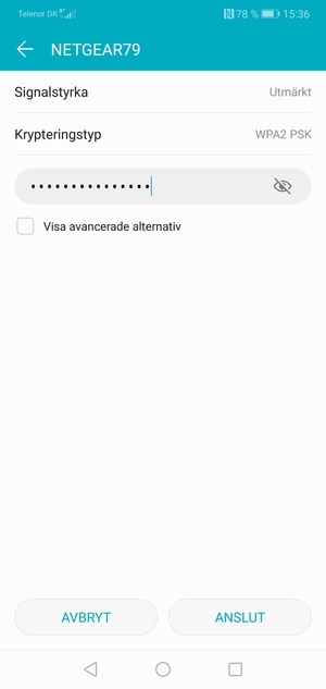Ange lösenord till Wi-Fi och välj ANSLUT