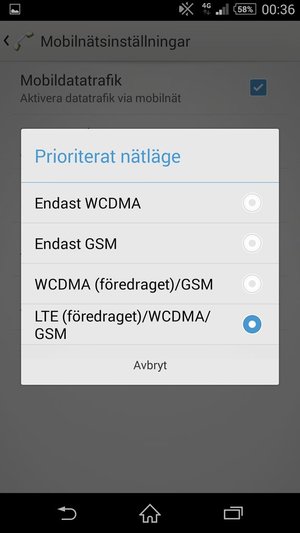 Välj Endast GSM för att aktivera 2G