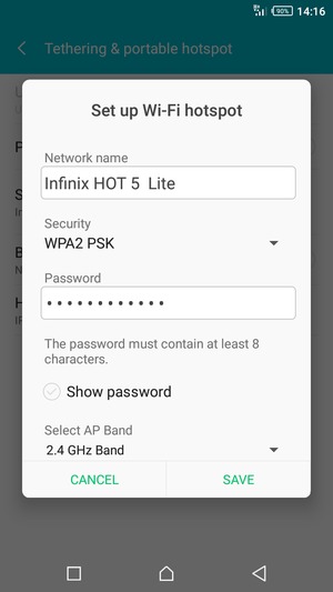 Enter a Wi-Fi hotspot password of at least 8 characters and select SAVE