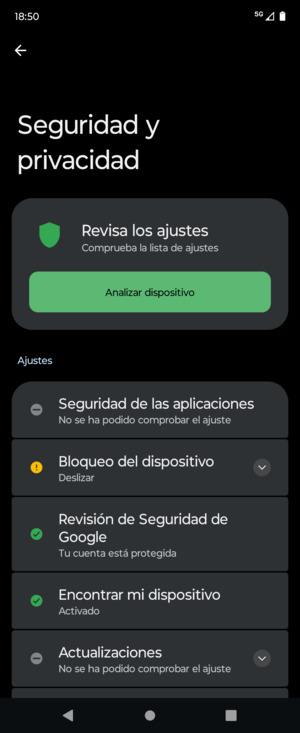 Para activar su bloqueo de pantalla, vaya al menú Seguridad y privacidad y seleccione Bloqueo del dispositivo