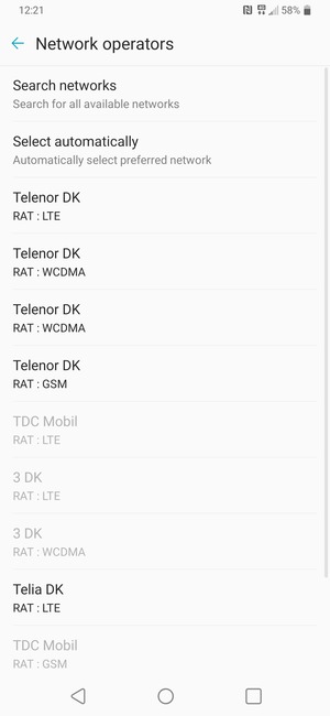 Select a network operator from the list