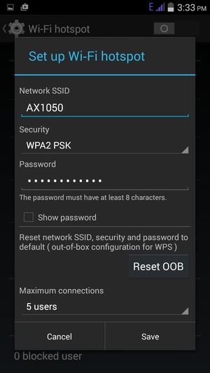Enter a Wi-Fi hotspot password of at least 8 characters and select Save
