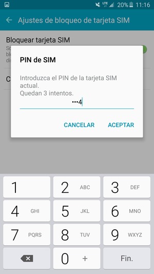 Introduzca su PIN de la tarjeta SIM actual / PIN de SIM antiguo y seleccione ACEPTAR