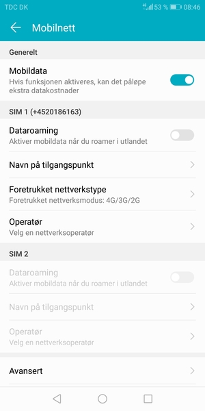 Bla til SIM 1 eller SIM 2 og velg Navn på tilgangspunkt