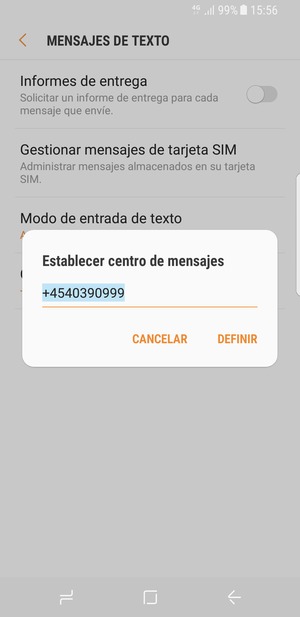 Introduzca el número de Centro de mensajes y seleccione DEFINIR