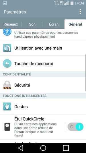 Pour modifier le code PIN de la carte SIM, sélectionnez Général puis Sécurité