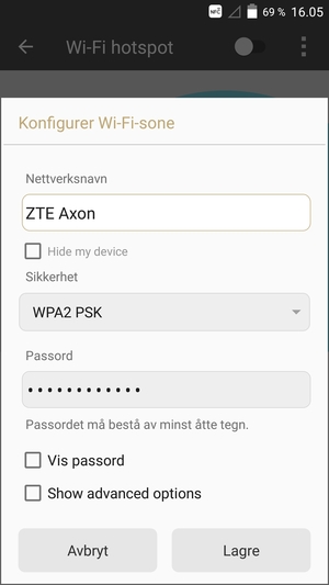 Skriv inn et Wi-Fi hotspot-passord på minst 8 tegn og velg Lagre