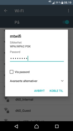Skriv inn Wi-Fi-passord og velg KOBLE TIL