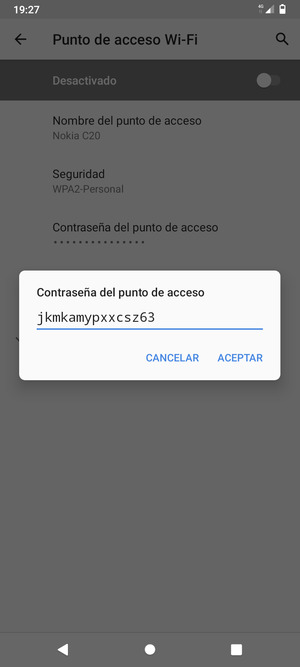 Introduzca una contraseña de punto de acceso Wi-Fi de al menos 8 caracteres y seleccione ACEPTAR