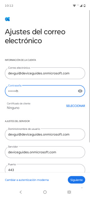 Introduzca Nombre de usuario y la dirección de servidor Exchange. Seleccione Siguiente