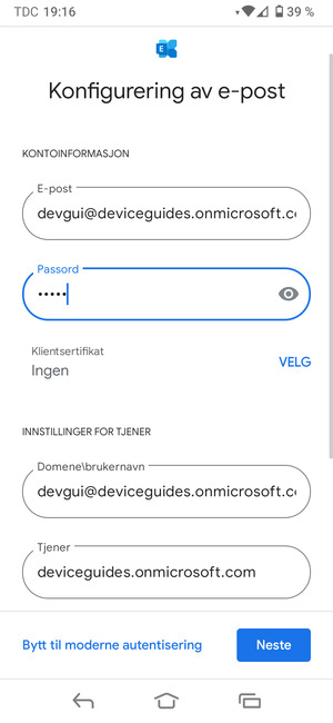 Skriv inn Brukernavn og Exchange serveradresse. Velg Neste