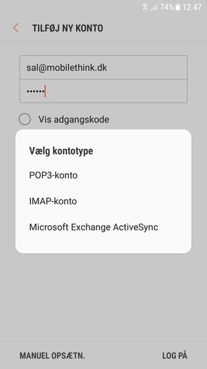Vælg Microsoft Exchange ActiveSync