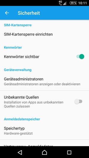 Um die PIN für die SIM-Karte zu wechseln, gehen Sie zum Sicherheit Menü zurück und scrollen Sie und wählen Sie SIM-Kartensperre einrichten