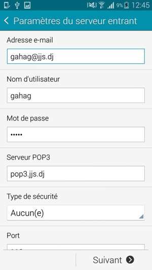 Saisissez votre Nom d'utilisateur et l'adresse du serveur entrant. Sélectionnez Suivant