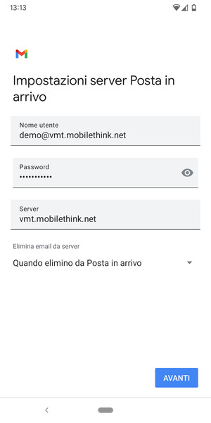 Inserisci Nome utente e l'indirizzo del server di posta in arrivo. Seleziona AVANTI