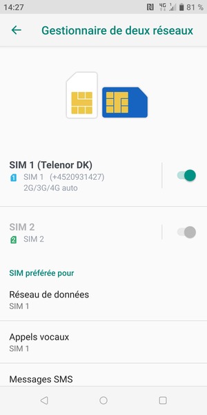 Sélectionnez SIM 1 ou SIM 2