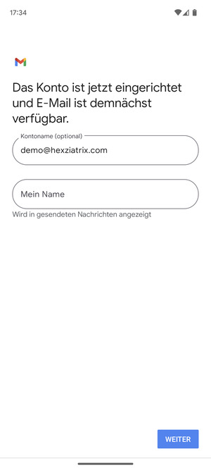 Geben Sie Ihrem Konto einen Namen und geben Sie Ihren Namen ein. Wählen Sie WEITER