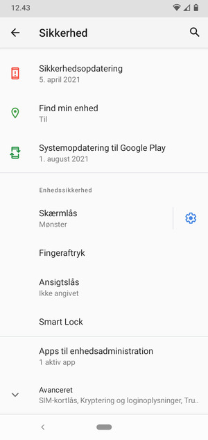 For at ændre PIN-koden til sim-kortet, scroll til og vælg Avanceret
