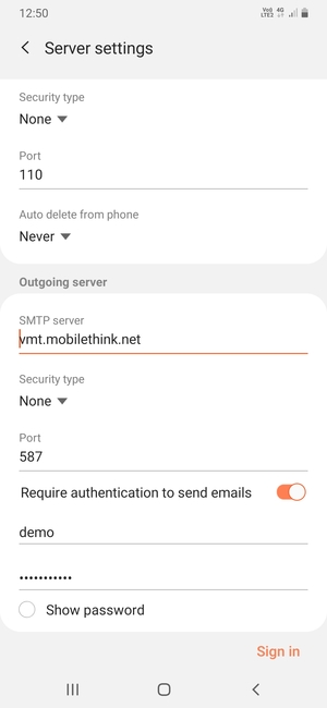 Scroll down and enter Outgoing server address