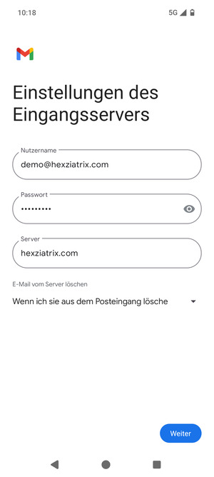 Geben Sie Benutzername und die Server-Adresse für eingehende Post ein. Wählen Sie Weiter