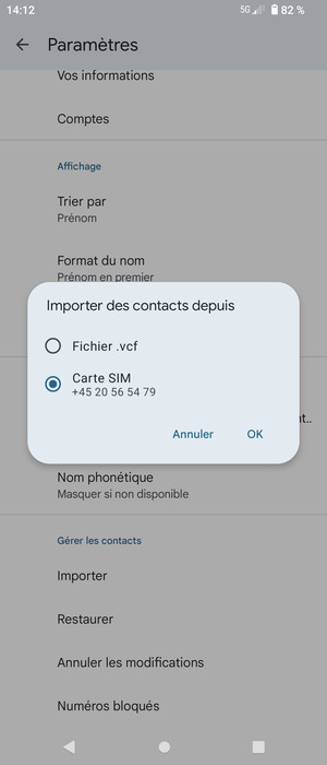 Sélectionnez Carte SIM puis OK