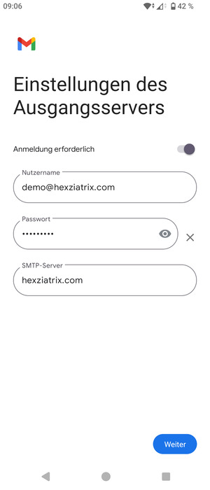 Geben Sie die Server-Adresse für ausgehende Post ein und wählen Sie Weiter