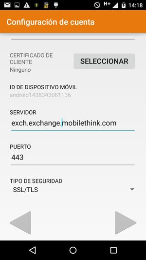 Desplácese hacia abajo e introduzca la dirección del servidor Exchange. Seleccione SIGUIENTE