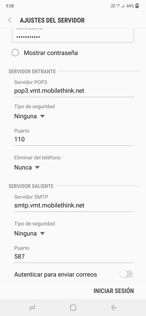 Desactive Autenticar para eviar correos y seleccione INICIAR SESIÓN