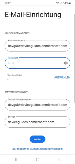 Geben Sie Benutzername und Exchange Server-Adresse ein. Wählen Sie Weiter