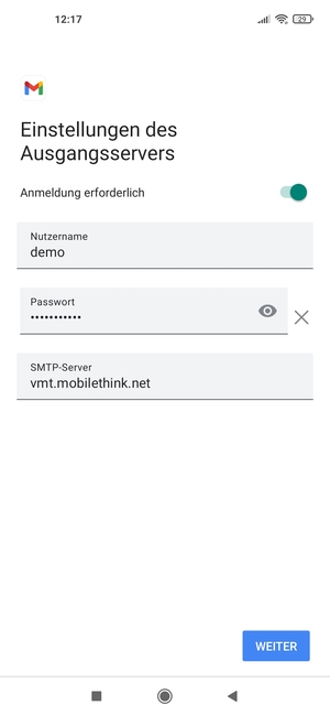 Geben Sie die Server-Adresse für ausgehende Post ein und wählen Sie WEITER