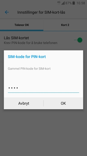 Skriv inn Gammel PIN-kode for SIM-kort og velg OK