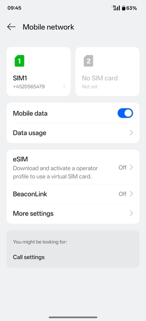 Select SIM1 or SIM2