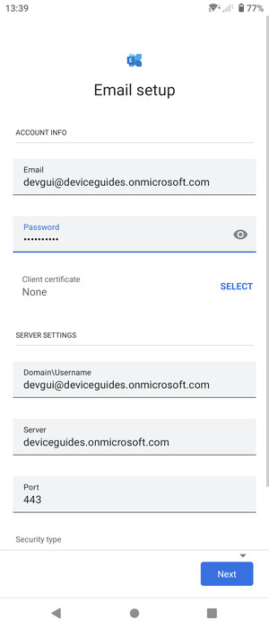 Enter Username and Exchange server address. Select Next