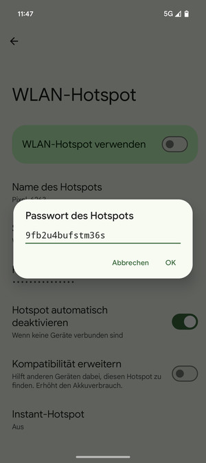 Geben Sie eine WLAN-Hotspot-Passwort mit mindestens 8 Zeichen ein und wählen Sie OK