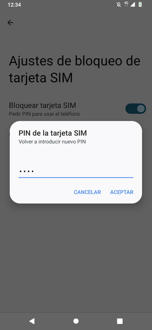 Confirme su nuevo PIN de la tarjeta SIM y seleccione ACEPTAR
