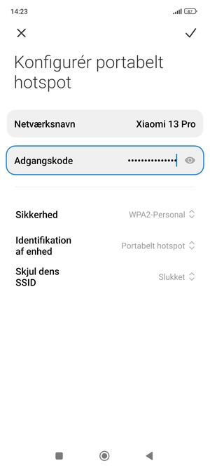 Indtast en Wi-Fi-hotspot adgangskode på minimum 8 tegn og vælg GEM
